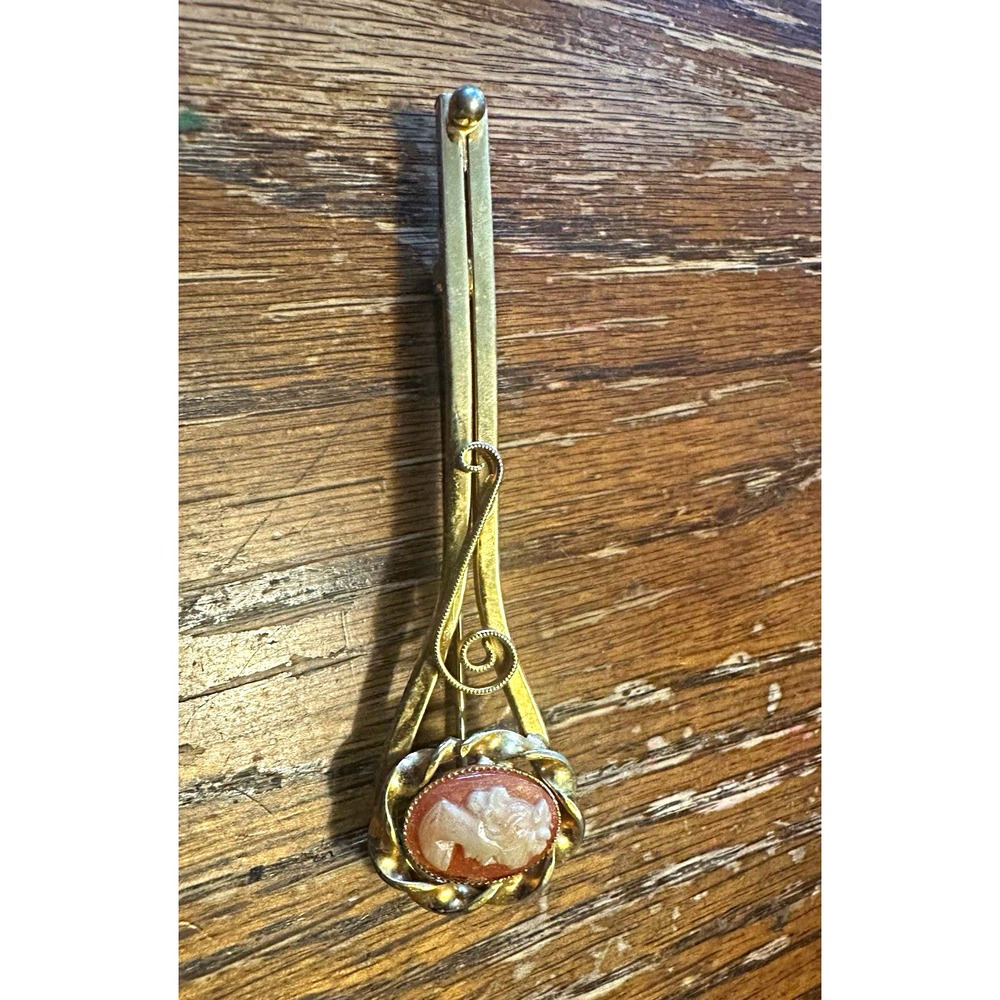 Vintage 1950s Gold Tone Cameo Bar Brooch Pin Art Nouveau Style Safety Clasp